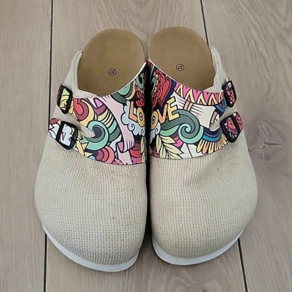 CALCEO BEIGE AND COLORED MIXED LOVE WRITTEN PATTERNED CLOGS EU37 US6.5